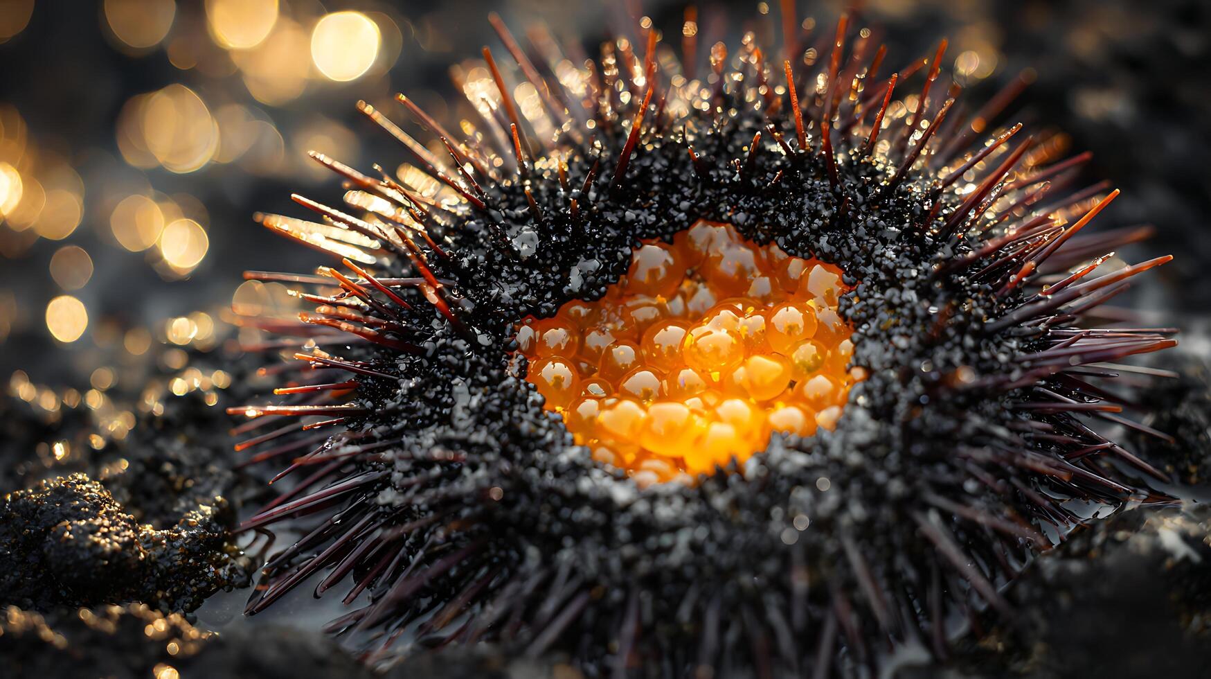Vibrant Sea Urchin Roe in Golden Hour Light. photo