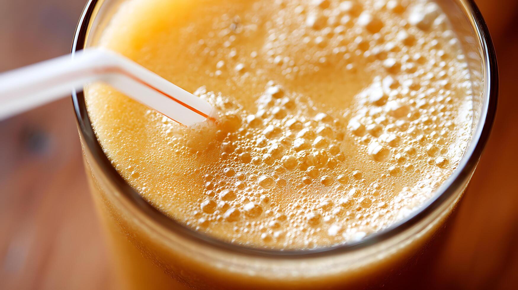 Refreshing orange juice with bubbles and a straw close up. photo