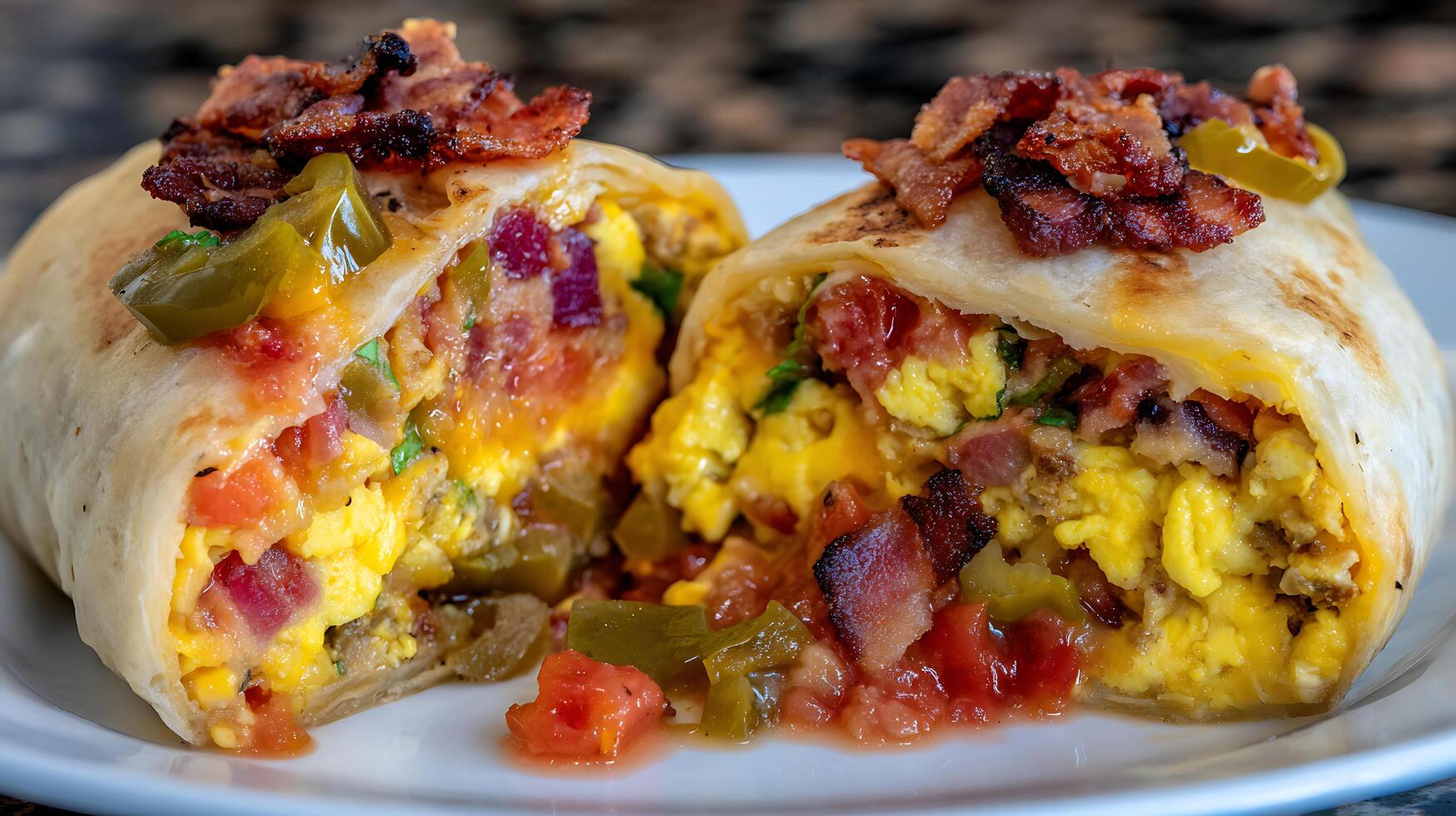 Hearty Breakfast Burrito Packed with Eggs, Bacon, and Peppers. photo