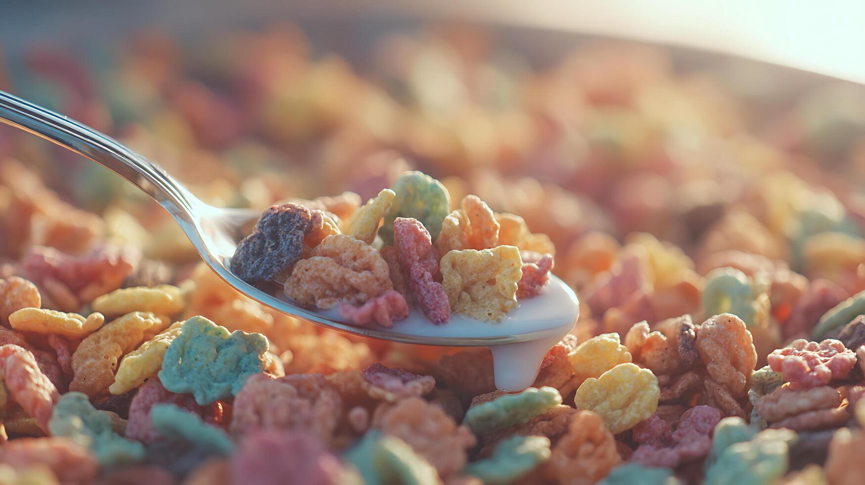 Colorful Cereal Spoonful with Creamy Milk Pour Over Breakfast. photo