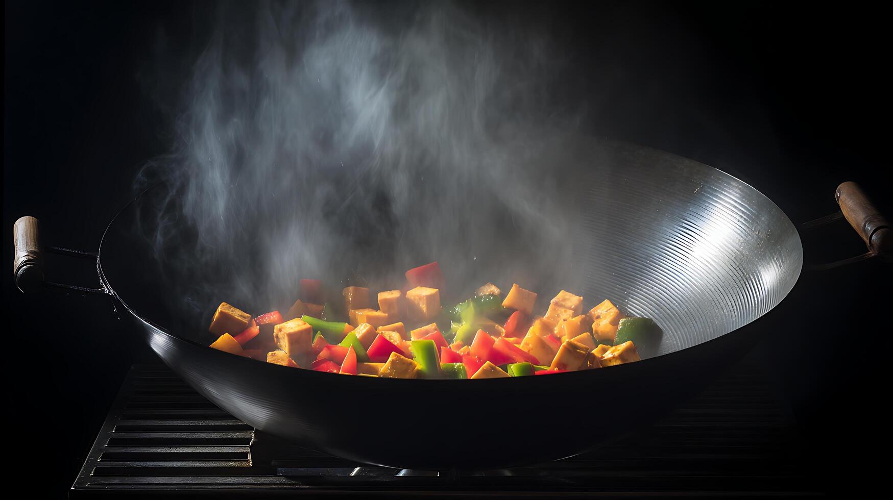 Tofu and Veggies Sizzle with Steam in a Wok photo
