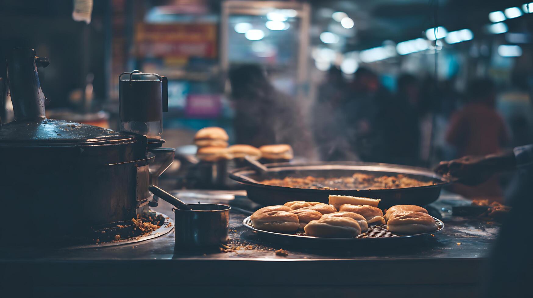 Street Food Prep Burgers Being Assembled with Steam and Warm Lights. photo
