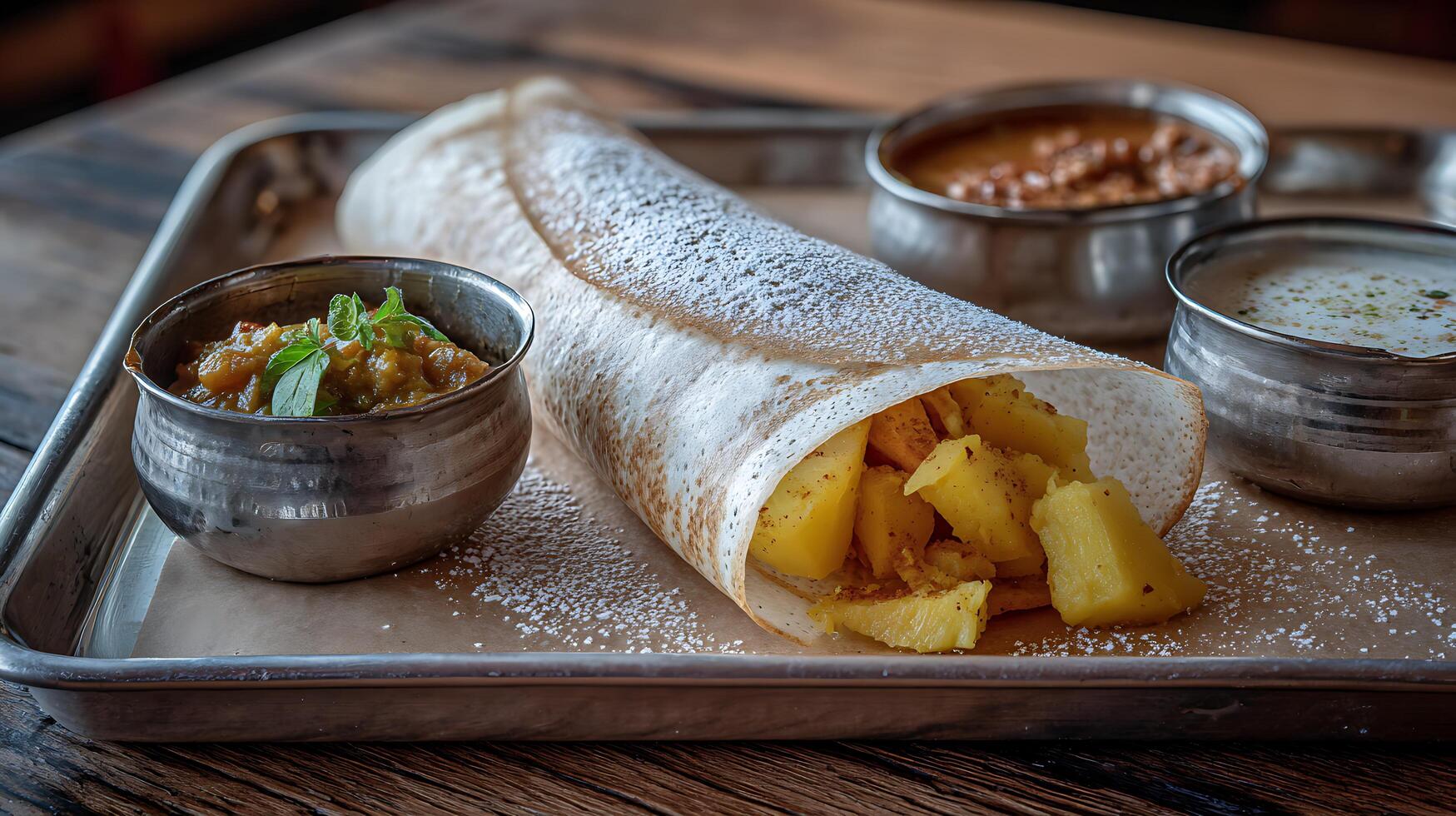 Delicious Masala Dosa with Sambar and Chutney. photo