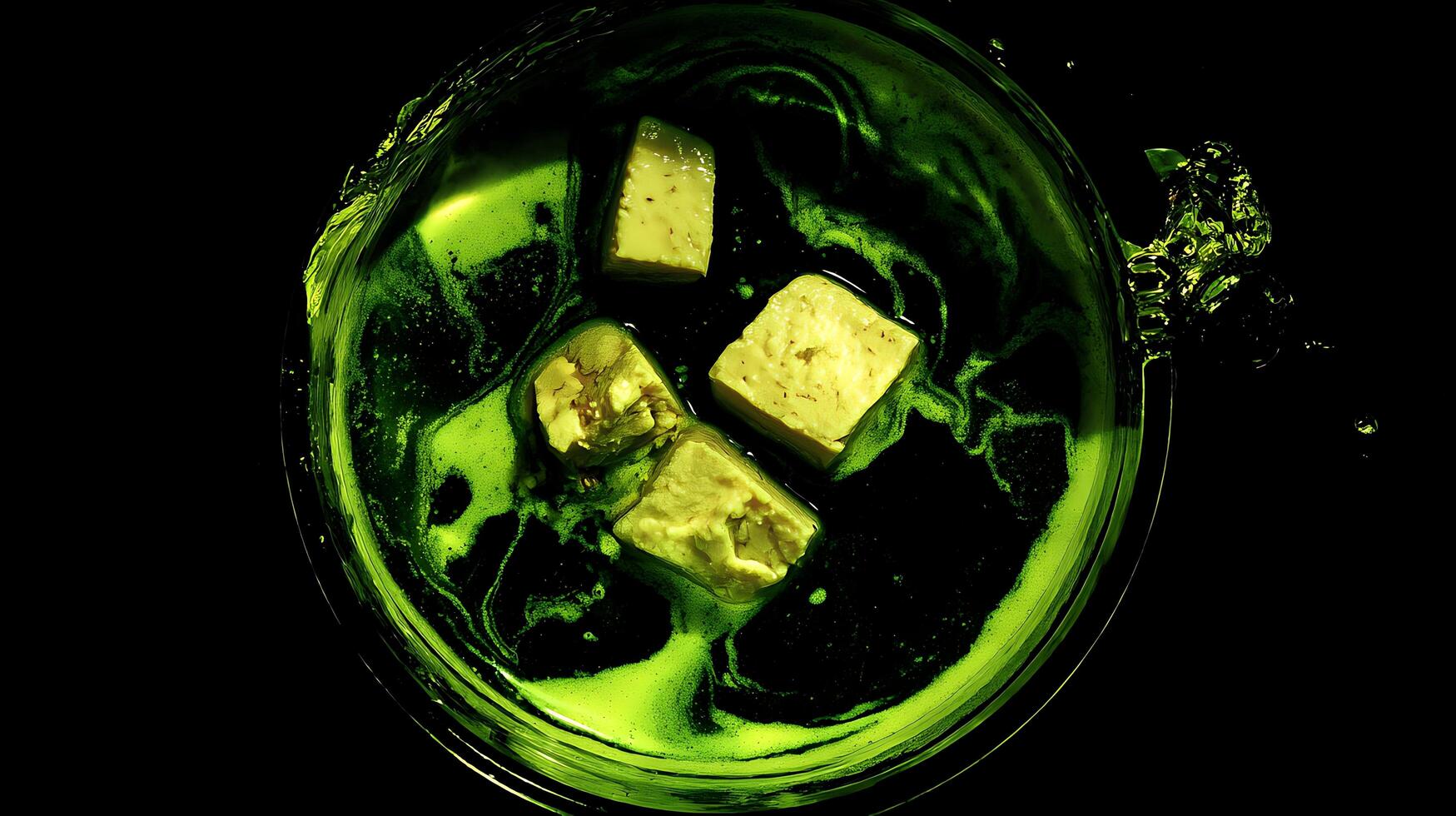 Close up of food cubes in glowing green liquid with swirling patterns. photo