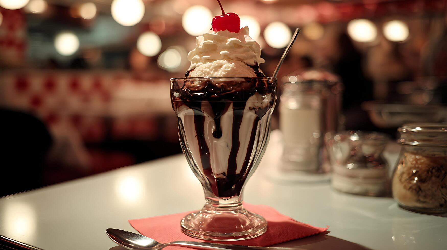 Indulgent Dessert Sundae with Cherry and Creamy Topping. photo