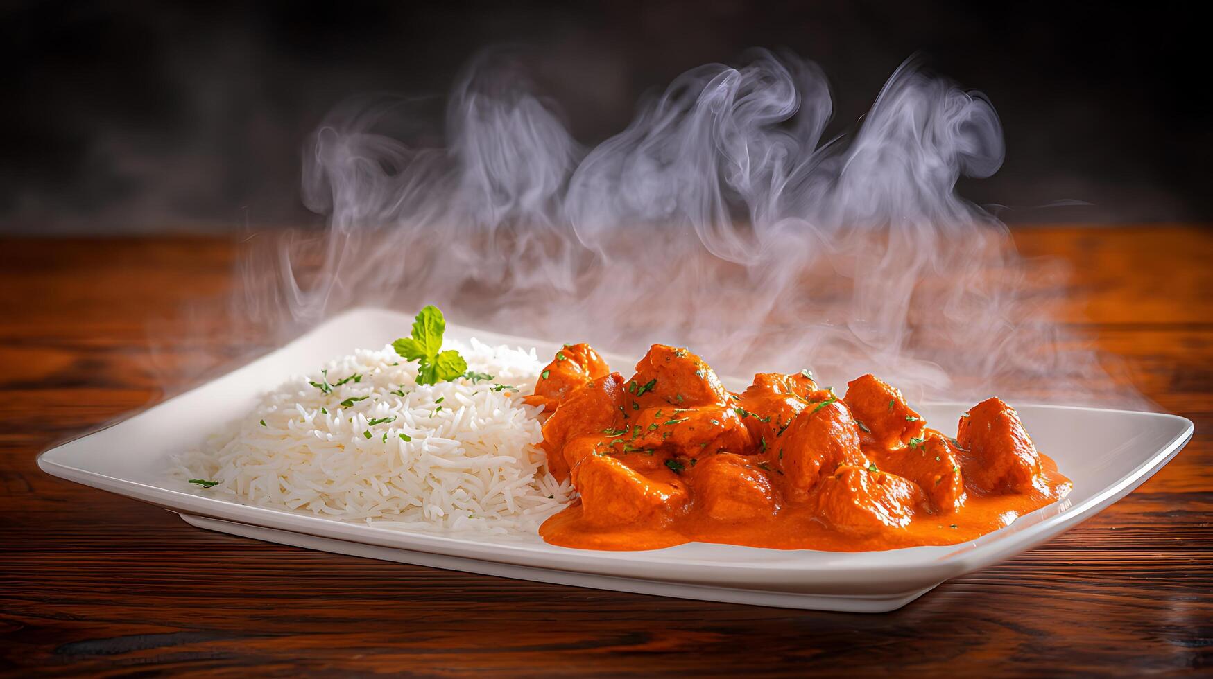 Steaming Hot Butter Chicken Served with Basmati Rice on a Wooden Table. photo