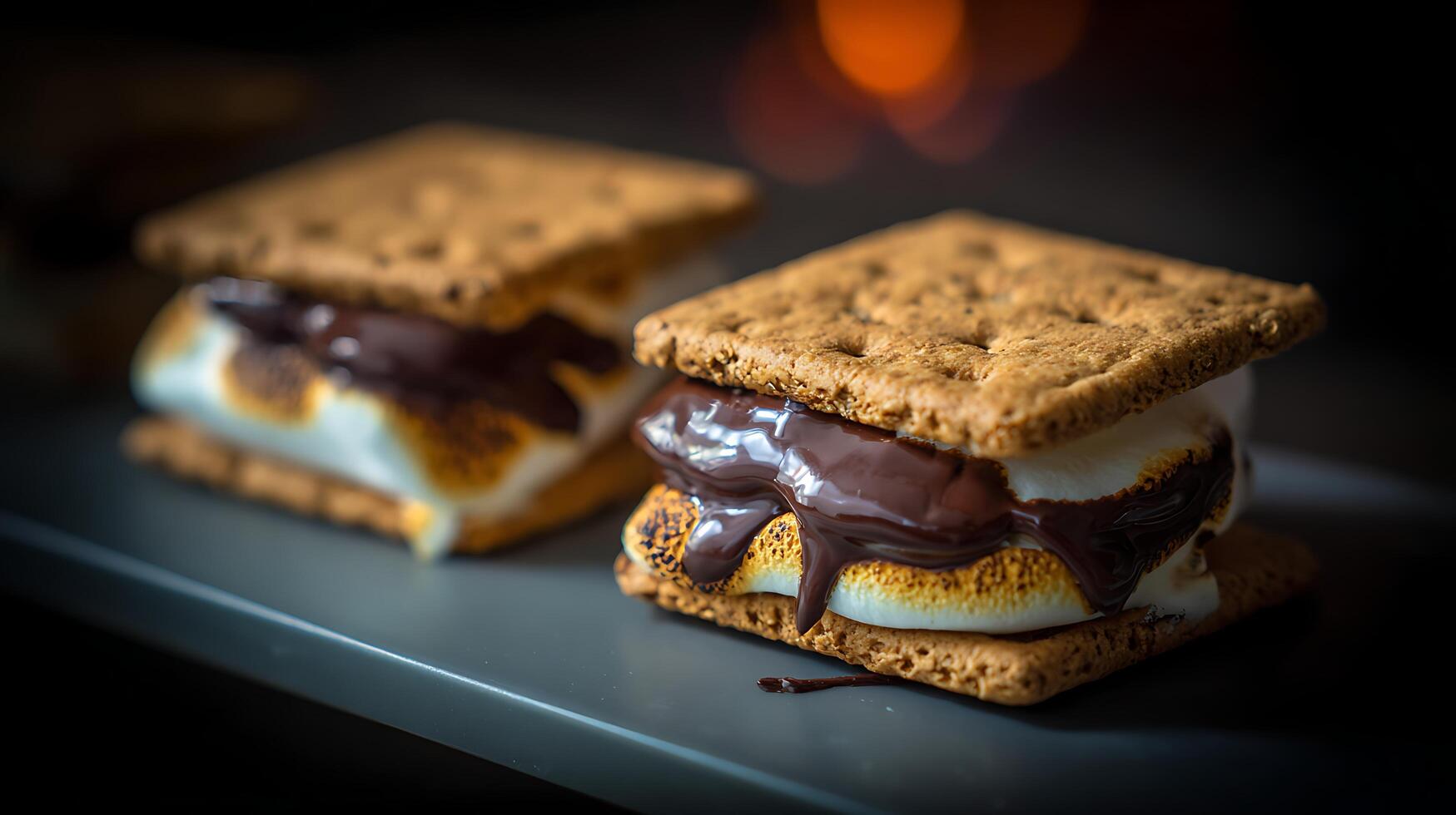 Two Delicious Smores Melting with Warm Chocolate and Gooey Marshmallow. photo