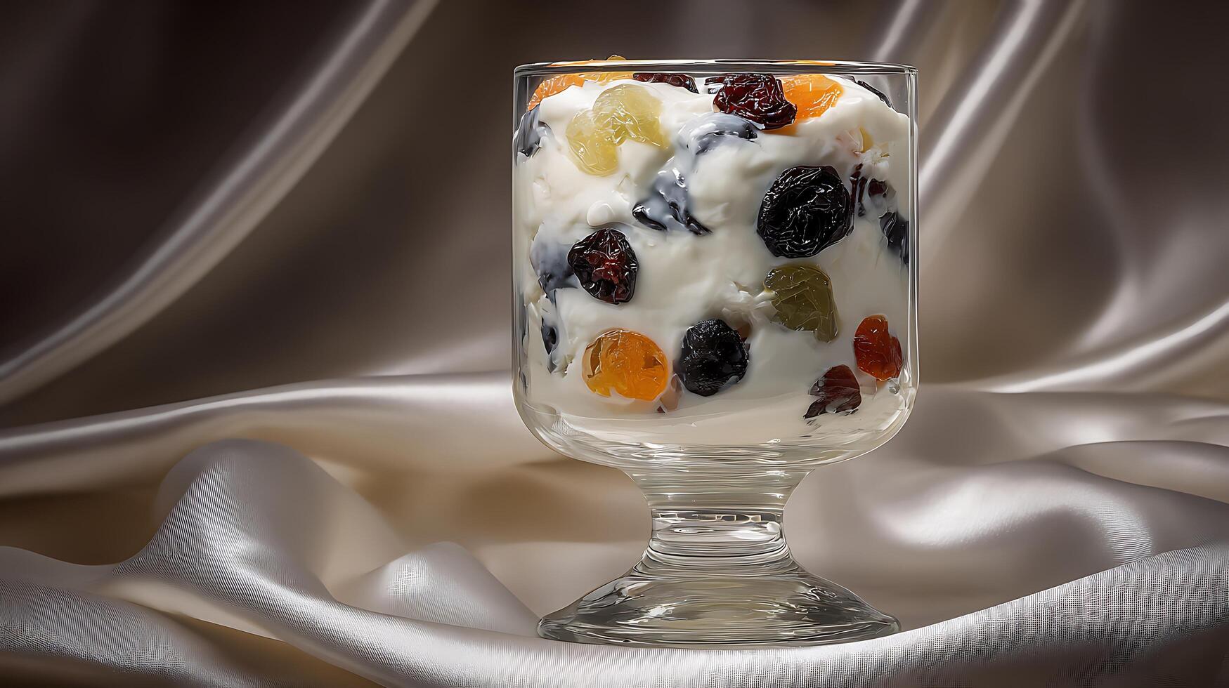 Delicious Yogurt With Dried Fruit In A Glass Against Silky Background. photo