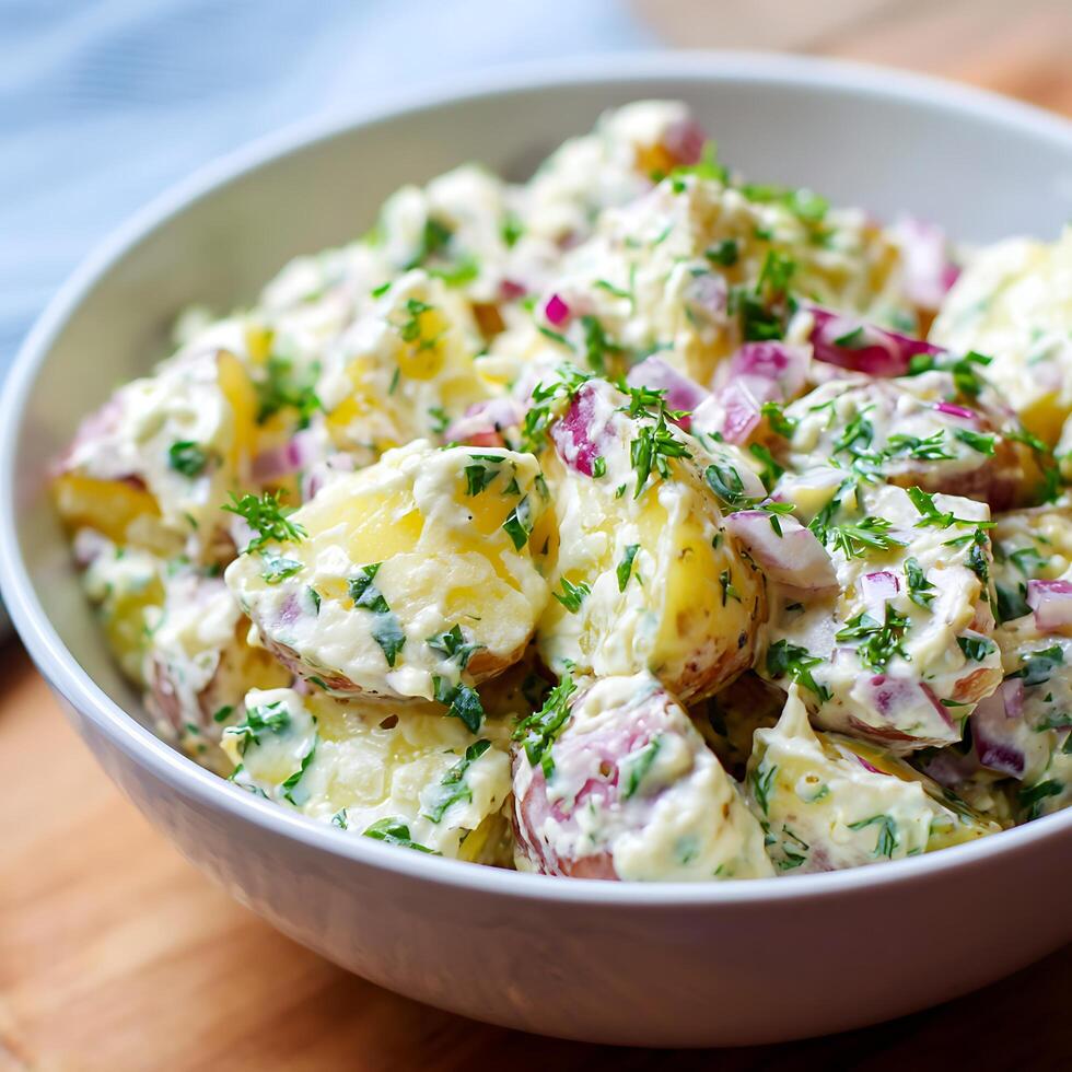 Delicious Potato Salad with Creamy Dressing and Fresh Herbs. photo