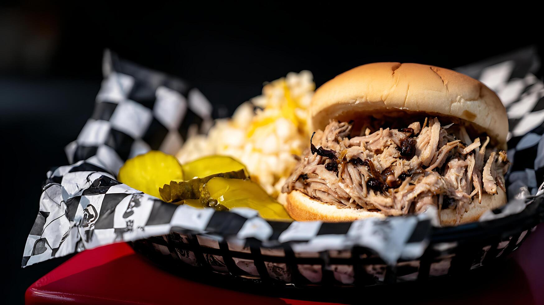 Juicy Pulled Pork Sandwich with Coleslaw and Pickles Served in Basket. photo