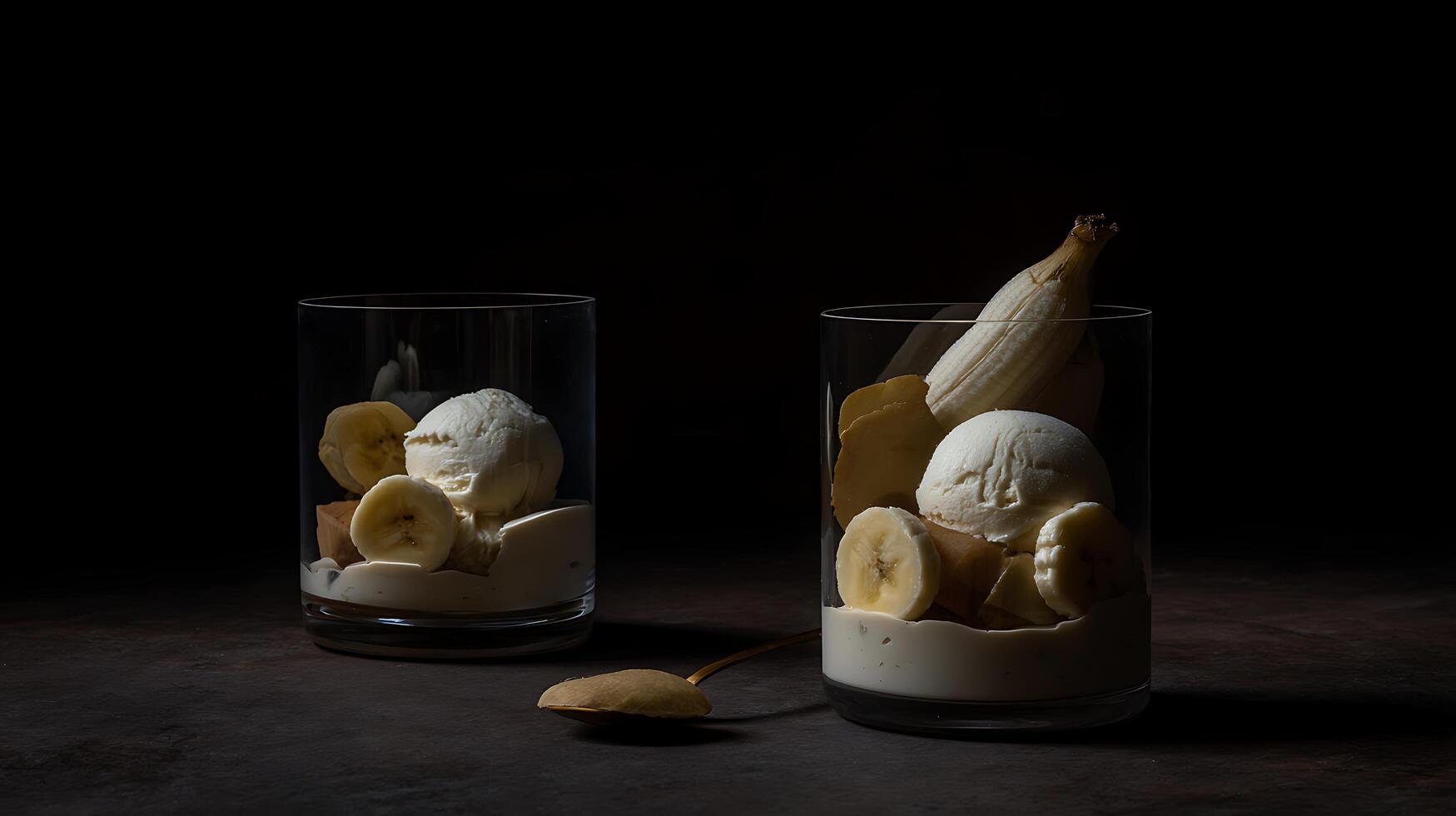 Two glasses of creamy banana ice cream dessert on dark background. photo
