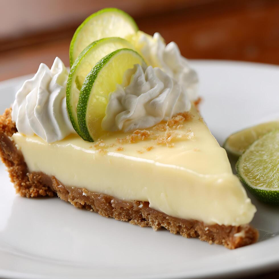 Delicious Slice of Key Lime Pie with Whipped Cream and Lime Slices. photo