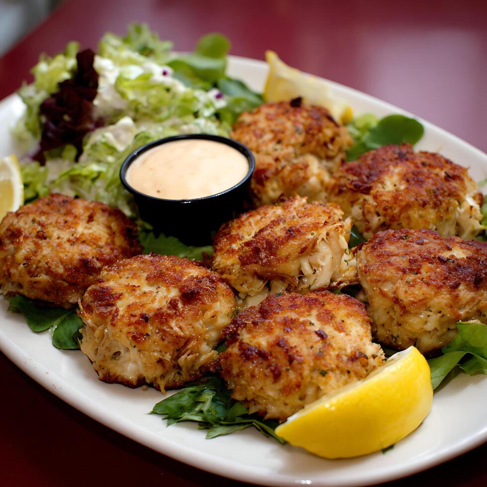 Delicious Crab Cakes with Fresh Salad and Dipping Sauce Presentation. photo