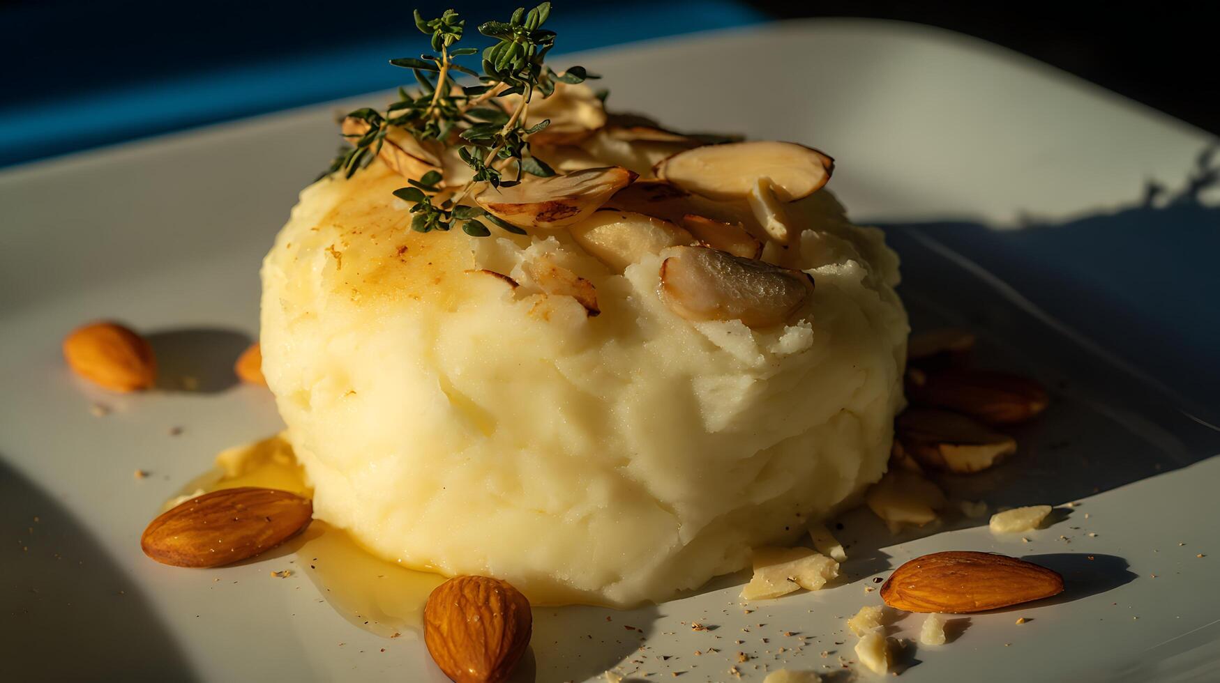 Savory Mashed Potatoes with Almonds and Thyme in Warm Sunlight. photo