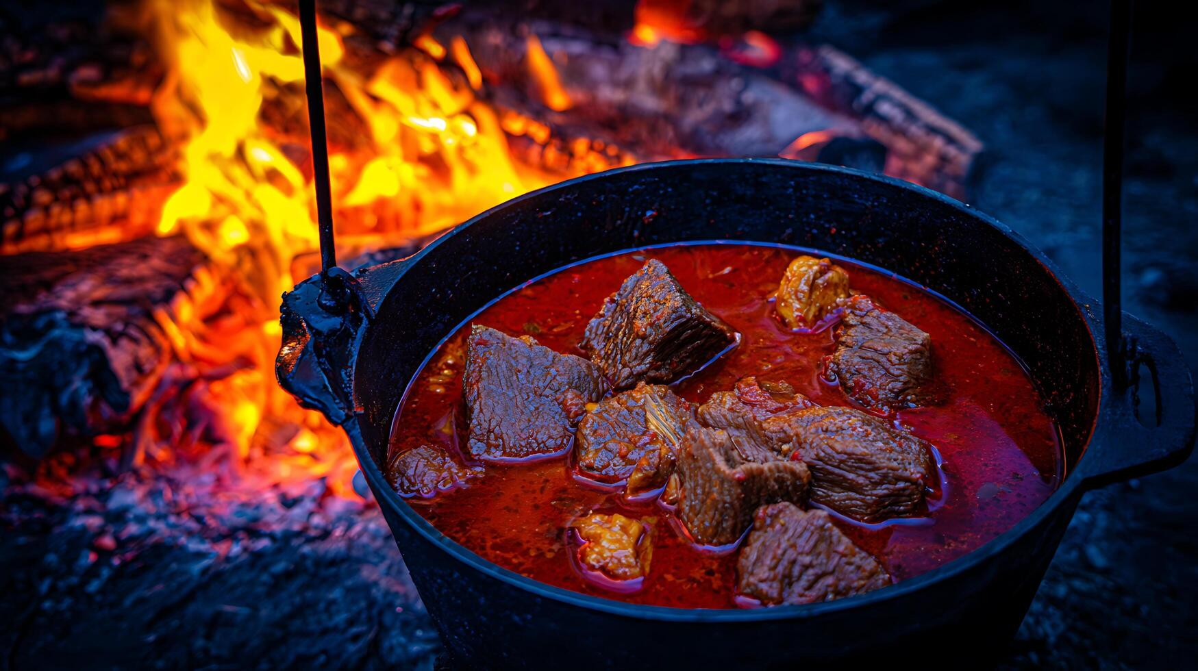 Hearty Beef Stew Simmering Over an Open Campfire. photo
