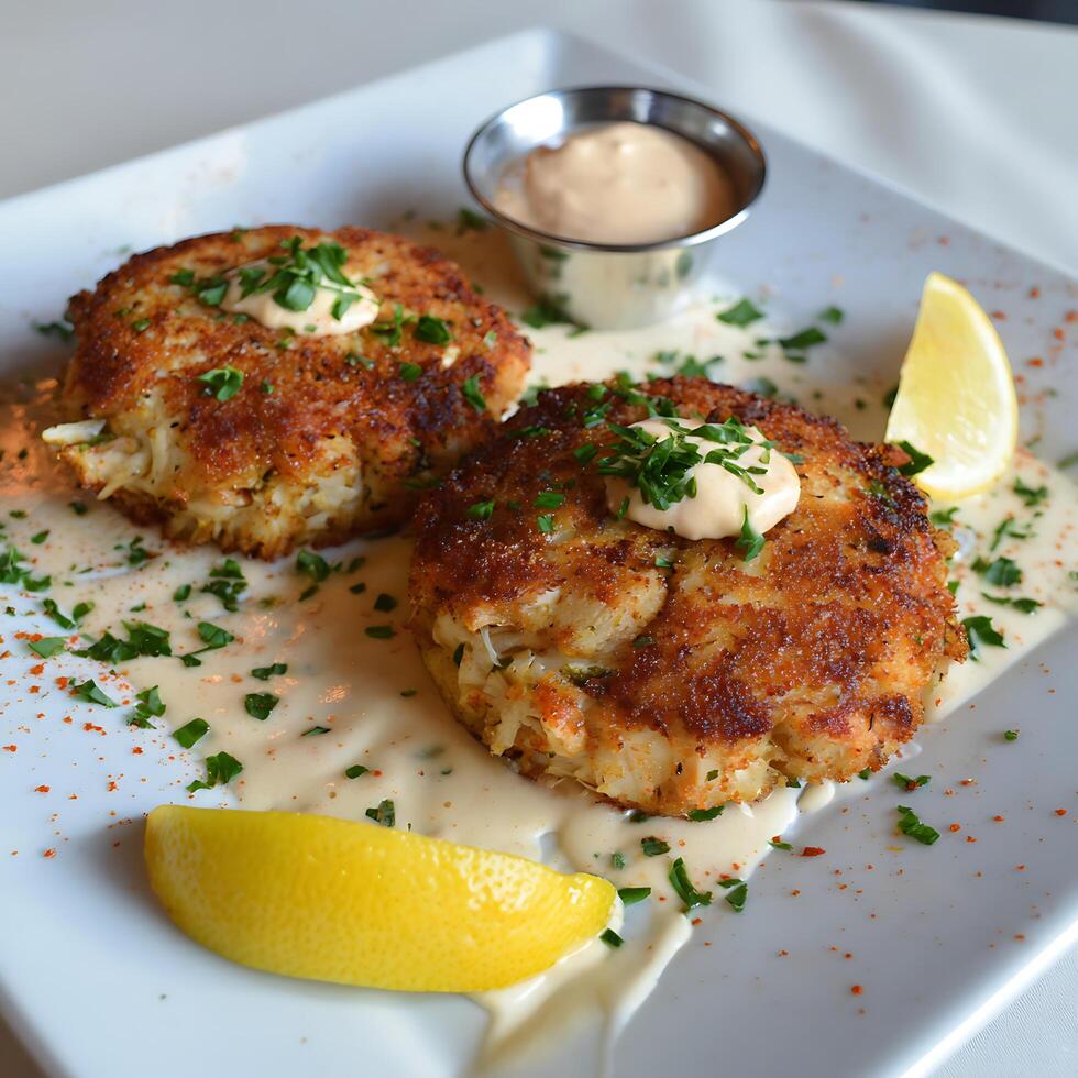 Delicious Crab Cakes with Lemon and Creamy Sauce on a White Plate. photo