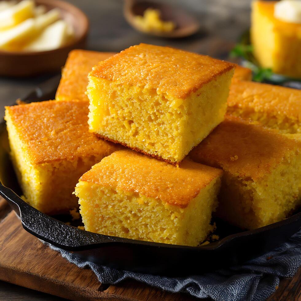 Delicious Golden Cornbread Squares Served in a Cast Iron Skillet. photo