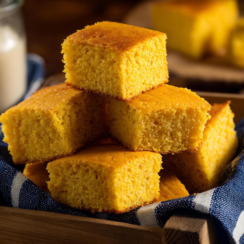 Delicious Golden Cornbread Slices Stacked High, Ready to Serve. photo