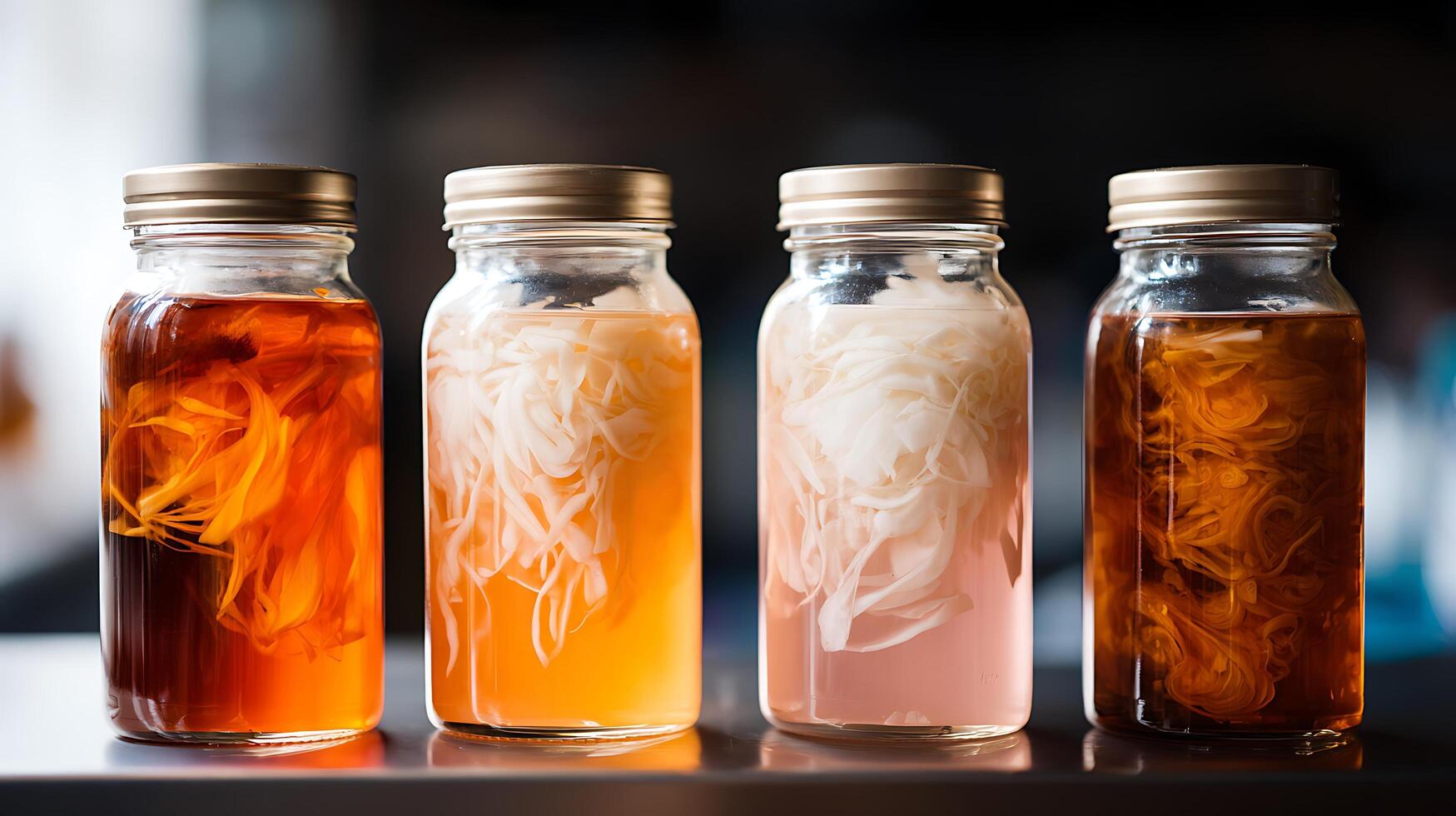 Four Jars of Infused Liquids Showcasing Diverse Natural Ingredients and Colors. photo