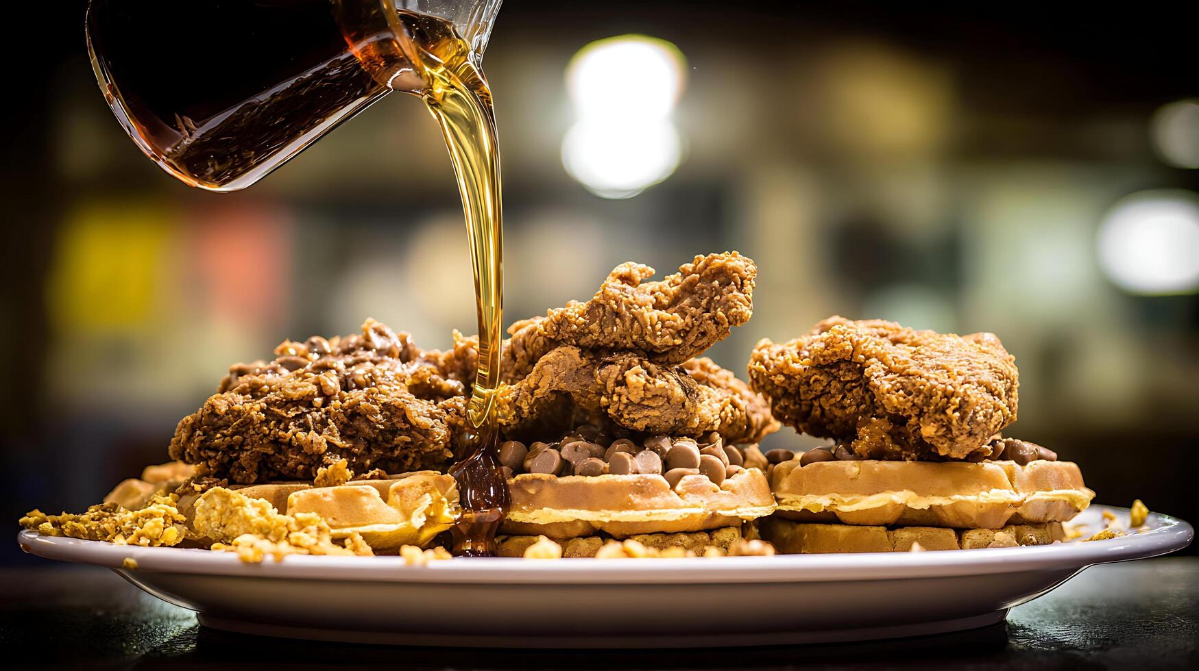Crispy fried chicken and sweet waffles with syrup and chocolate chips. photo