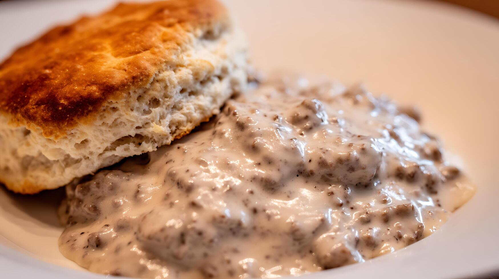 Delicious Biscuits and Gravy Closeup Food Shot for Breakfast or Brunch. photo
