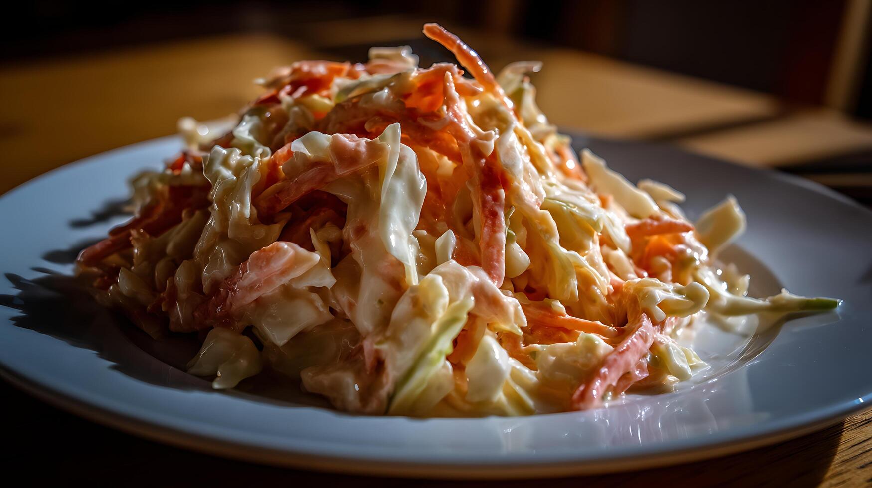 Refreshing Coleslaw Salad with Creamy Dressing on a White Plate. photo