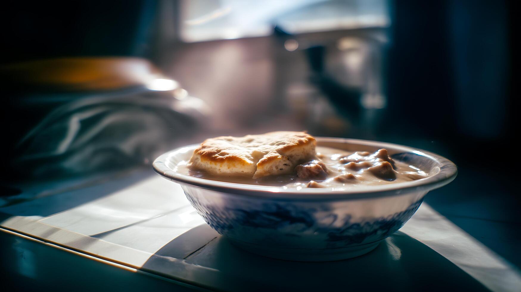 Hearty Biscuits and Gravy Steaming in Warm Morning Light. photo