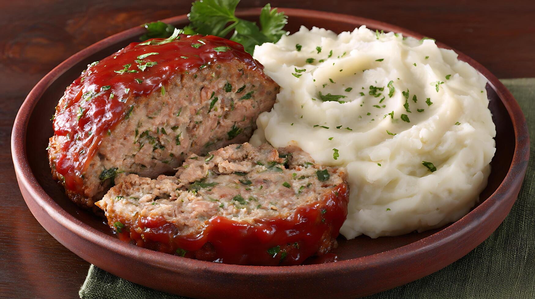 Delicious Meatloaf and Mashed Potatoes Comfort Meal Close Up. photo