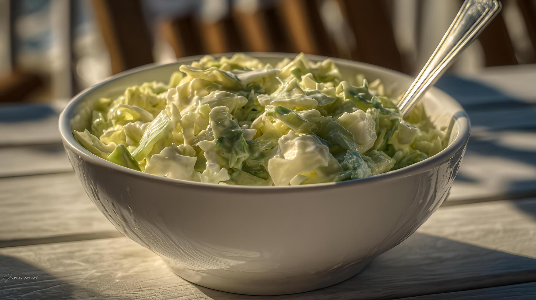 Fresh Coleslaw in a White Bowl with a Spoon on a Wooden Table. photo