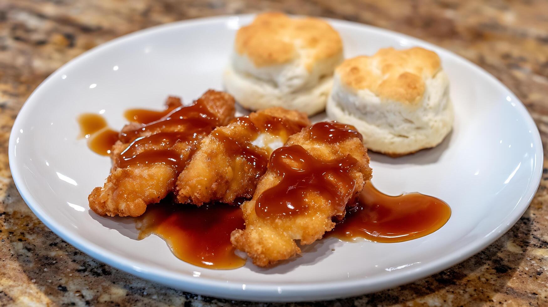 Crispy Fried Chicken Bites Drizzled with Sweet Glaze on a Plate. photo