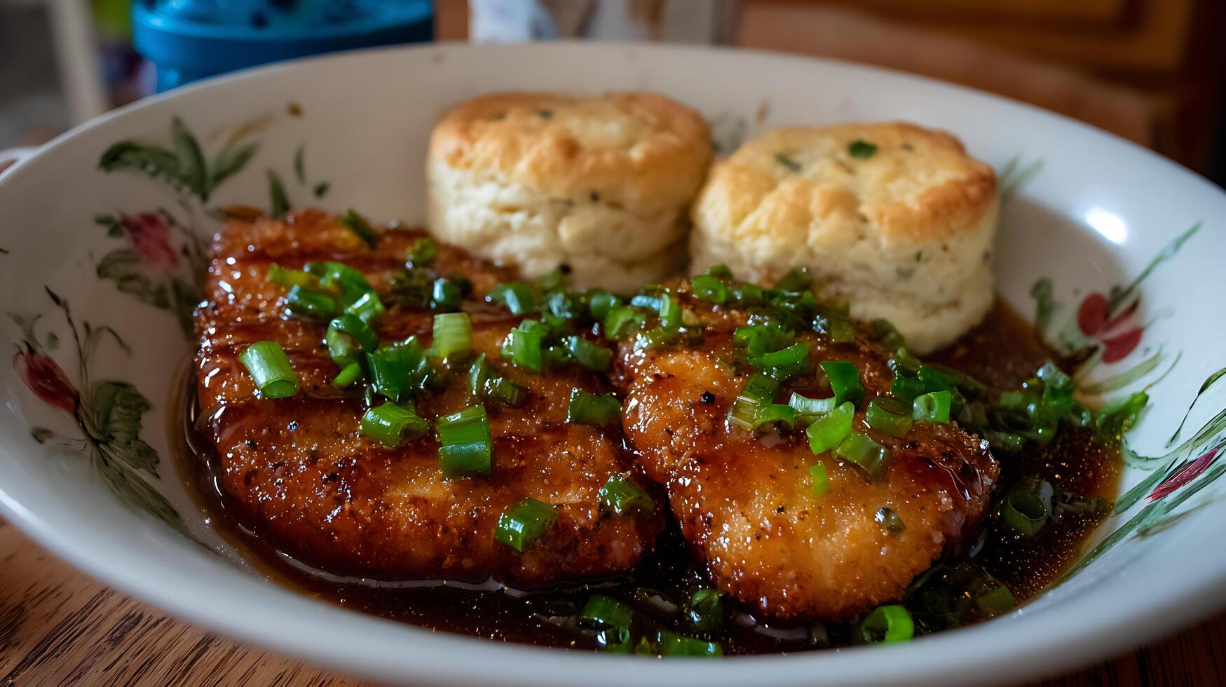 Delicious Chicken and Biscuits Smothered in Savory Sauce with Green Onions. photo