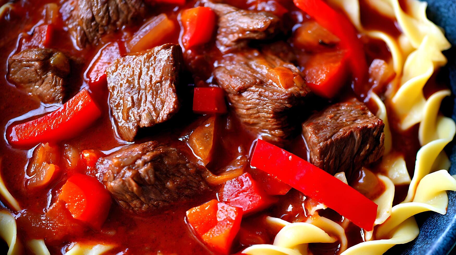 Close Up of Delicious Goulash with Beef and Noodles in Red Sauce. photo