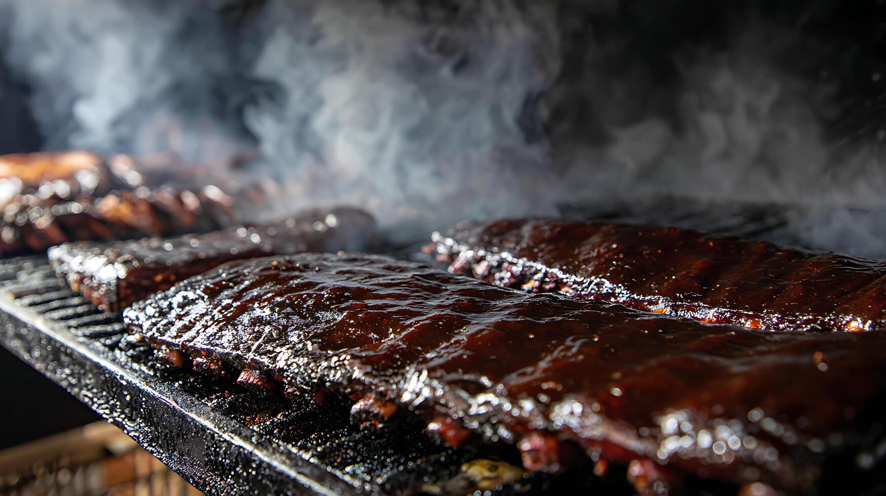 Delicious BBQ Ribs Sizzling and Smoking on the Grill. photo