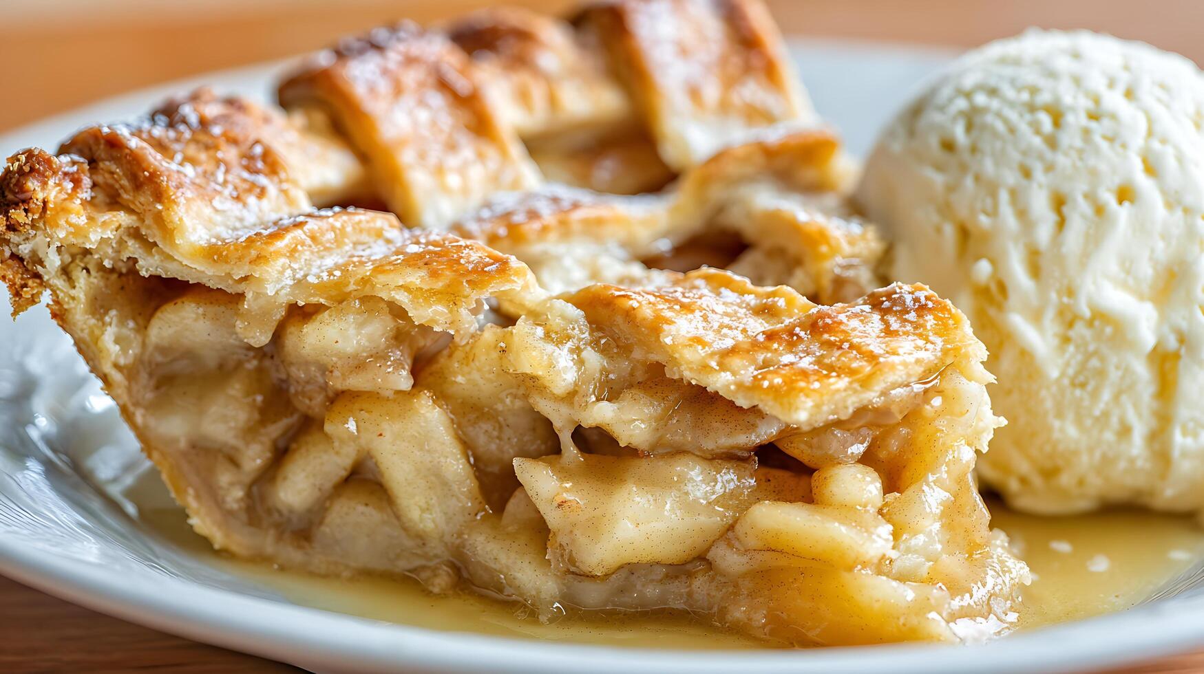 Delicious Apple Pie Slice with Vanilla Ice Cream and a Drizzle of Syrup. photo