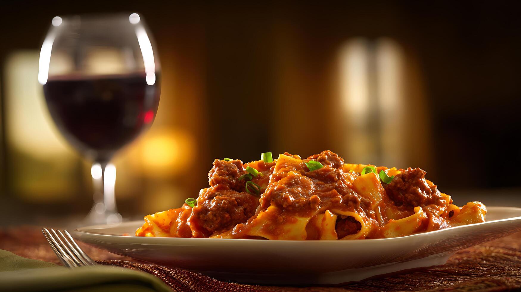 Hearty Beef Ragu Pasta with a Glass of Red Wine. photo