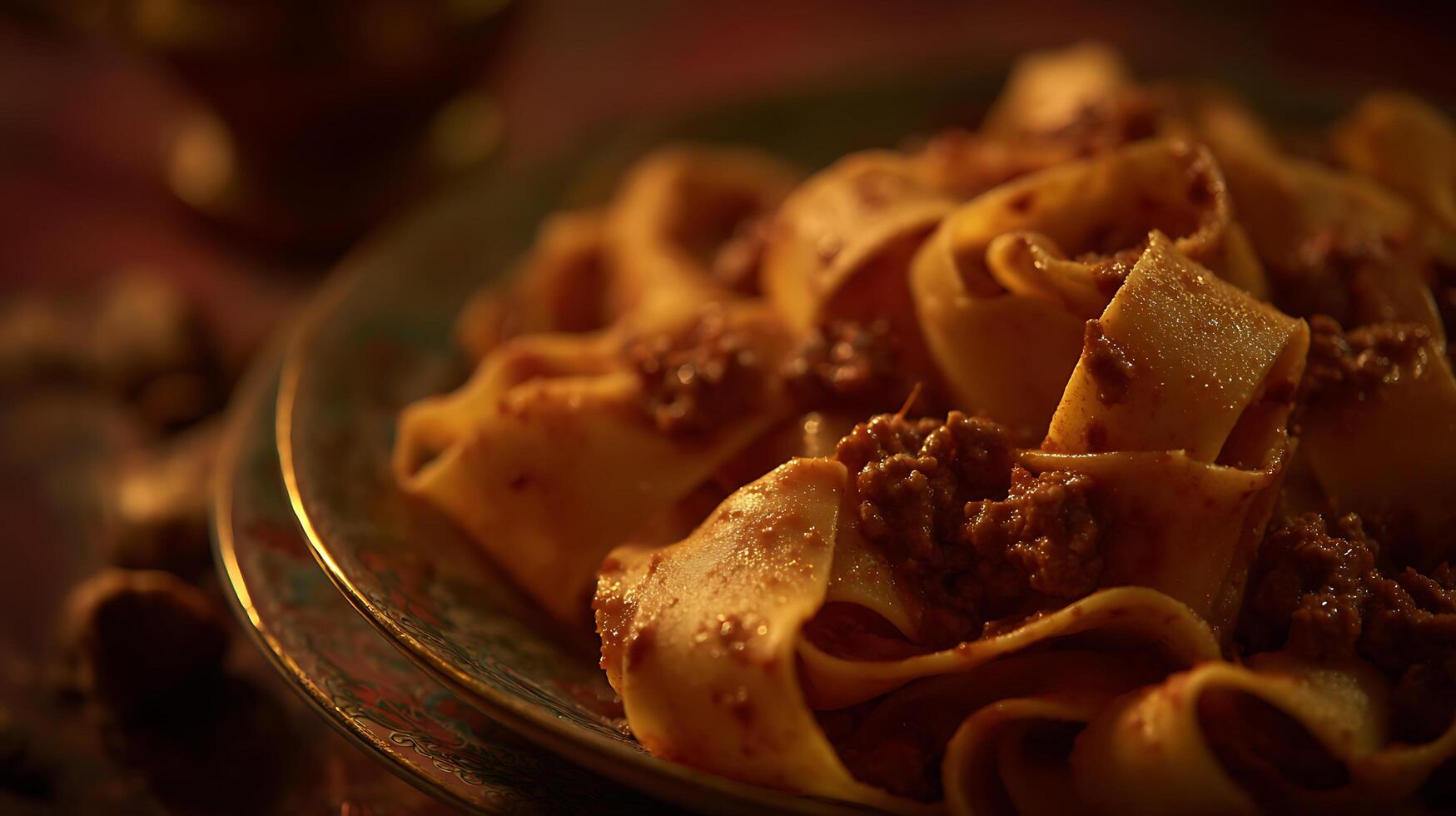 Rich Bolognese Pasta Close Up In Warm Lighting. photo