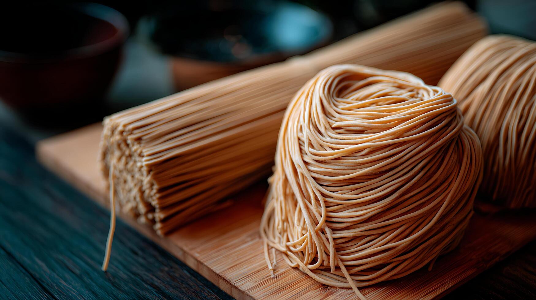 Close Up of Dry Spaghetti Bundles and Nests on a Wooden Board. photo