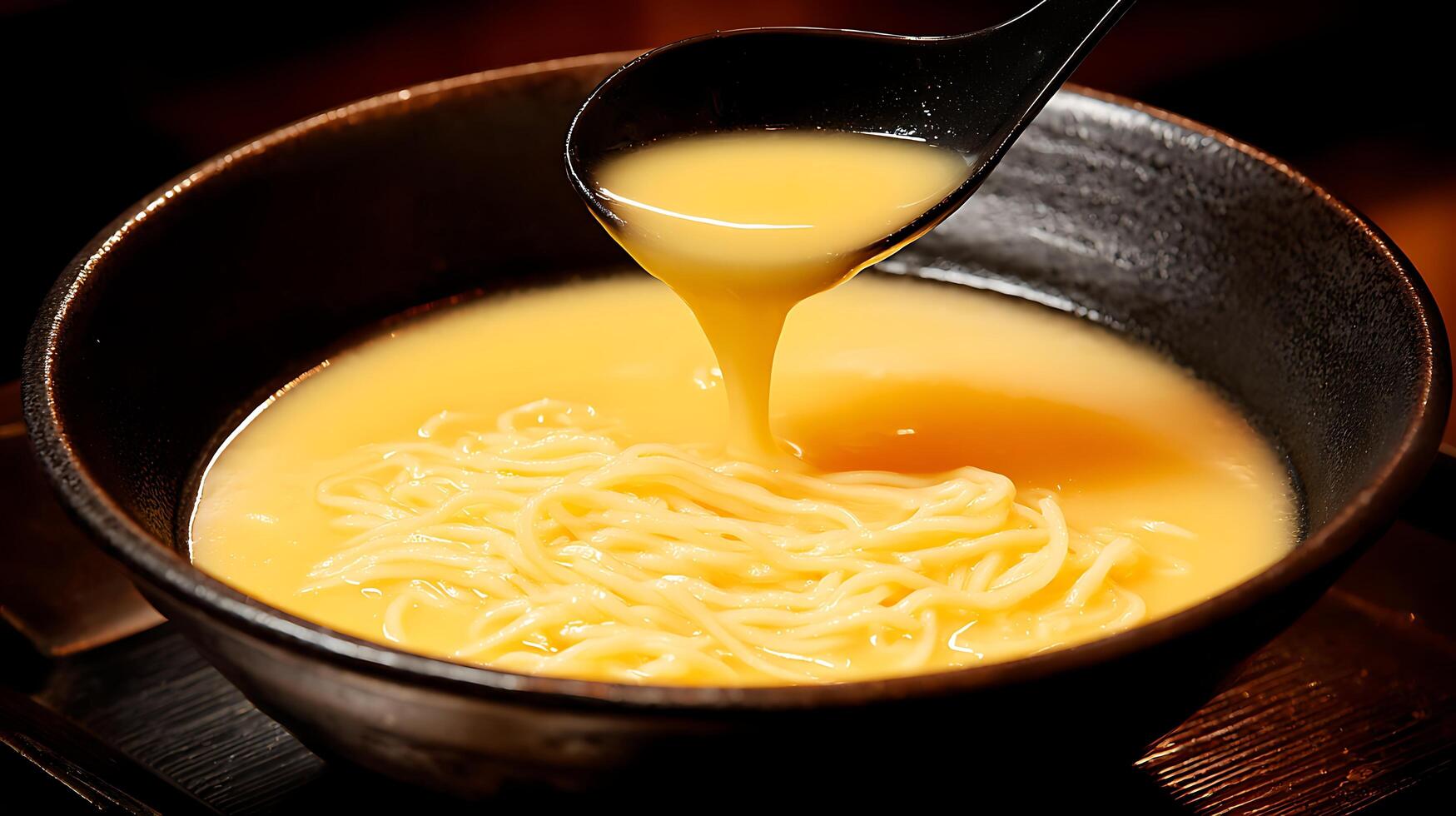 Hot Noodle Soup Being Poured into a Bowl with a Spoon. photo
