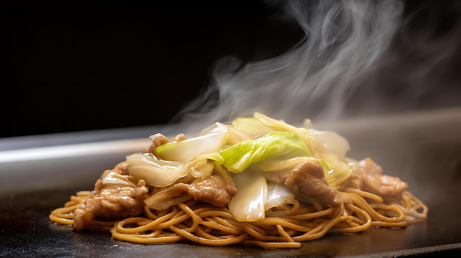 Hot Steaming Noodles with Meat and Vegetables on a Griddle photo