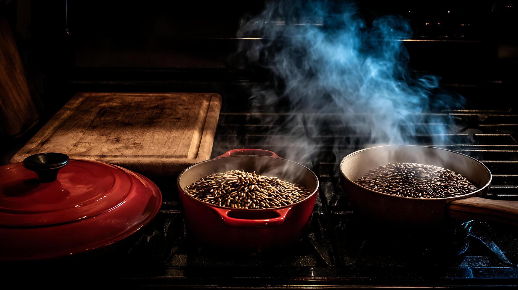 Roasting Grains in Red Dutch Ovens with Visible Steam Effect. photo