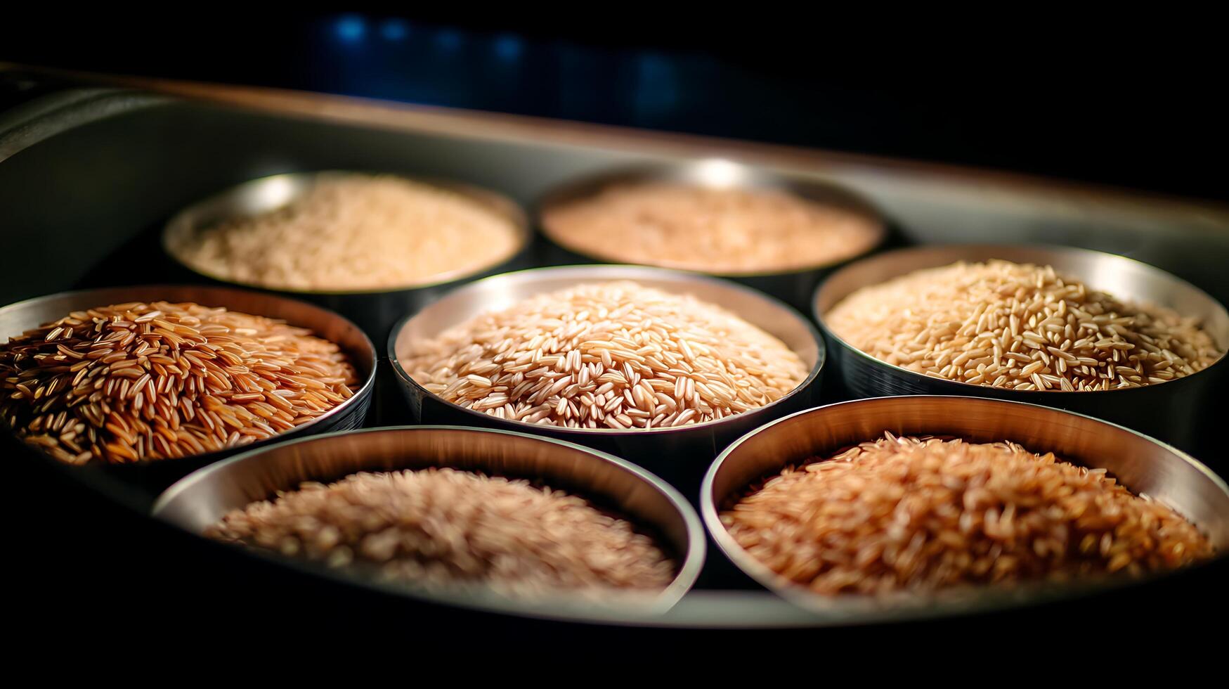 Assortment of Different Rice Grains in Metal Bowls. photo