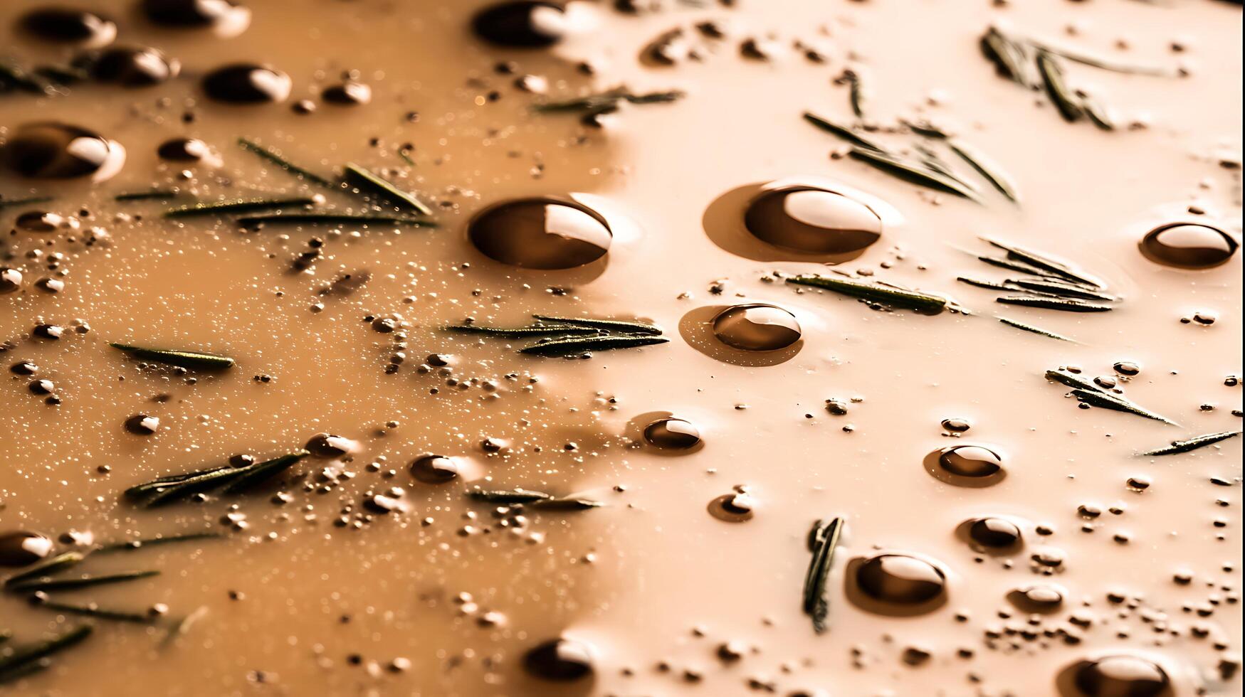 Close up of water droplets on a creamy surface with herbs. photo