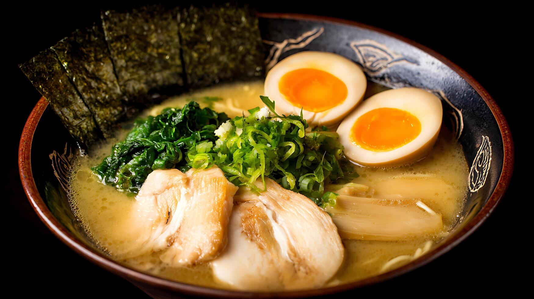 Delicious Japanese Ramen Bowl with Soft Boiled Egg and Chicken photo