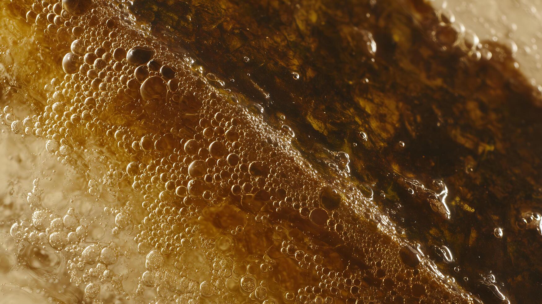 Close Up View Of Amber Bubbles Forming In A Textured Brown Liquid. photo