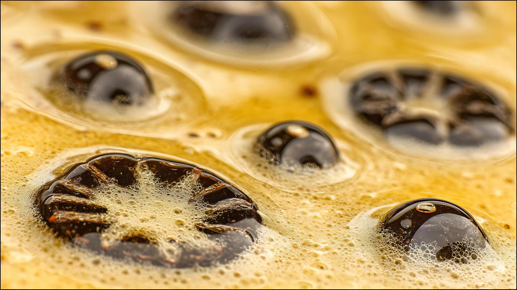 Close Up Abstract Texture of Dark Berries in Golden Liquid with Bubbles. photo