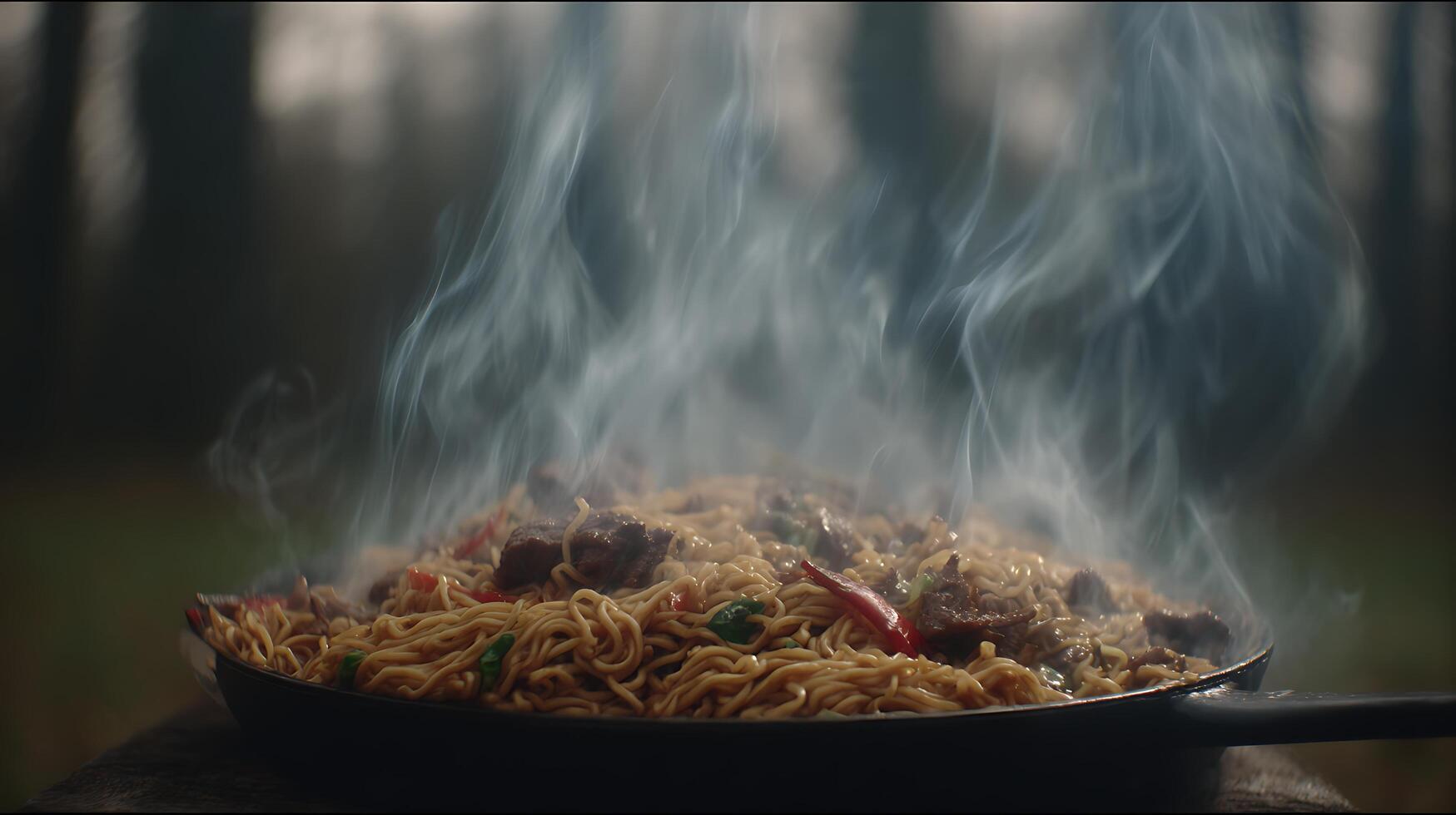 Steaming Noodles in a Skillet, Hot and Delicious Meal Ready to Enjoy. photo
