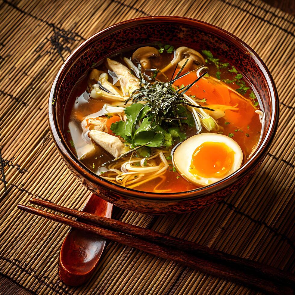 Delicious Ramen Soup with Soft Boiled Egg and Chopsticks. photo