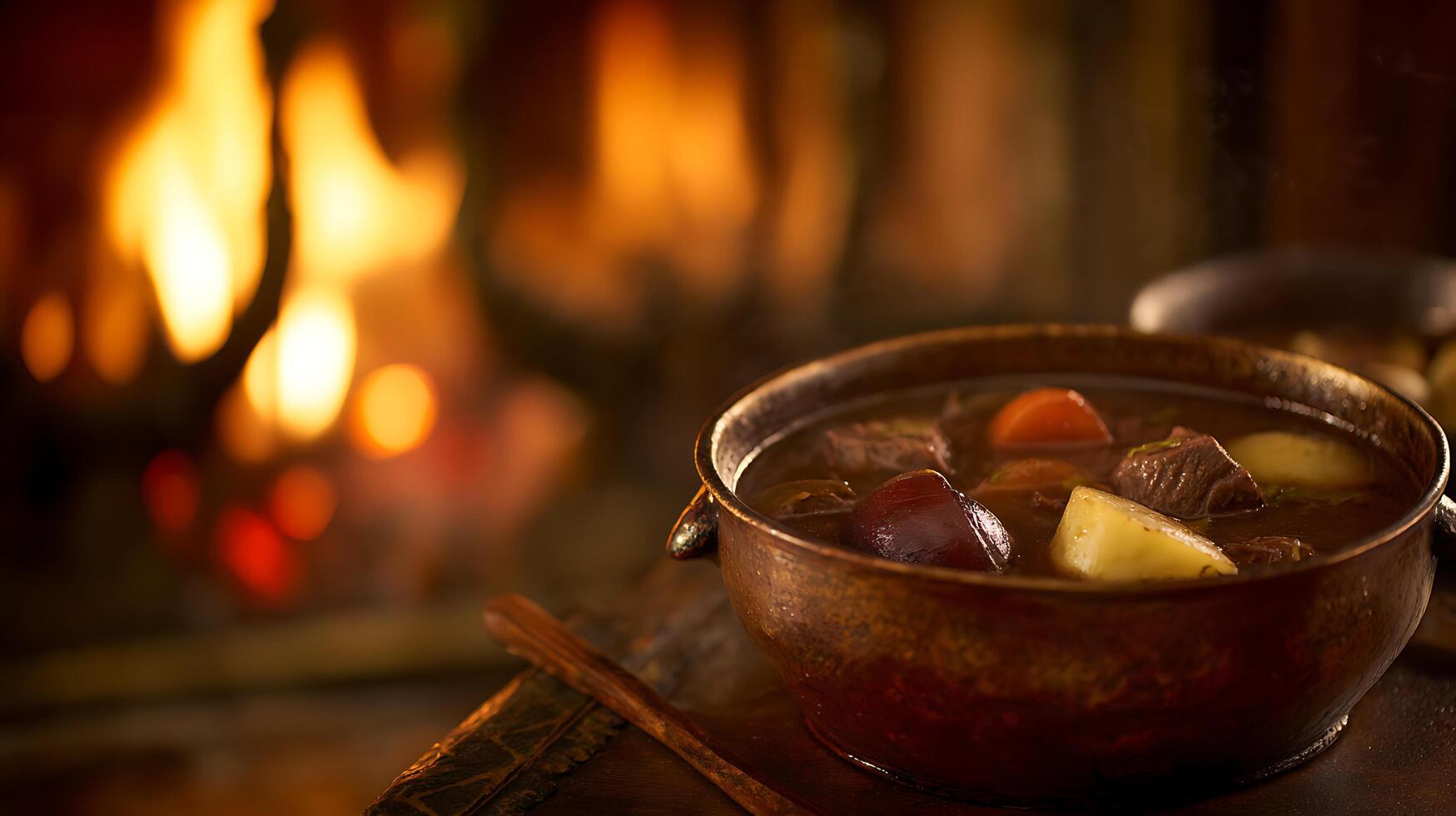Cozy Stew by the Fireplace Warmth and Comfort in a Bowl. photo