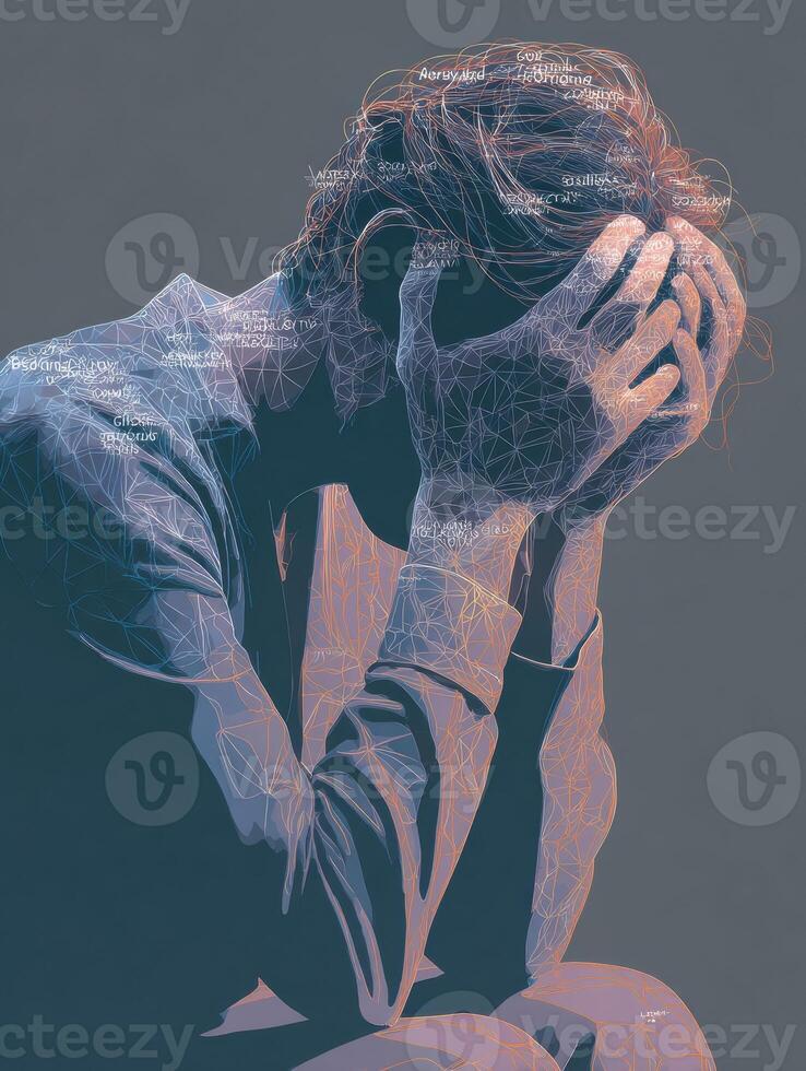 Mapping Anxiety Symptoms Around a Figure in a Soft Digital Illustration Style to Visualize Emotional Struggles Vividly photo