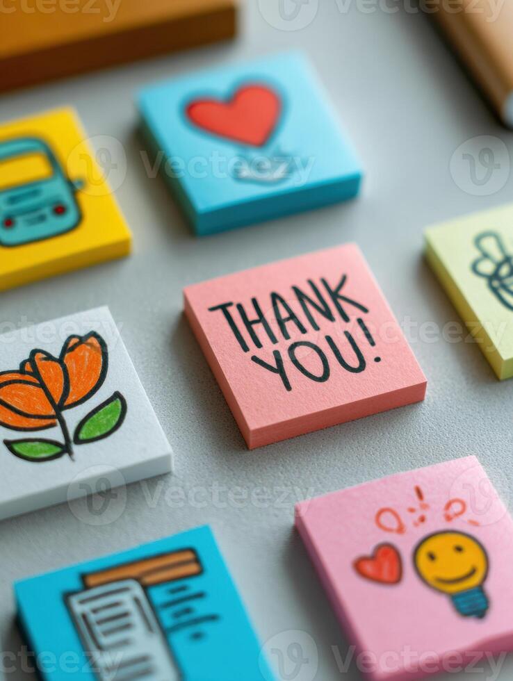 Gratitude in Workplace Setup Featuring Colorful Sticky Notes With Drawings and Messages During Afternoon Brainstorming Session photo